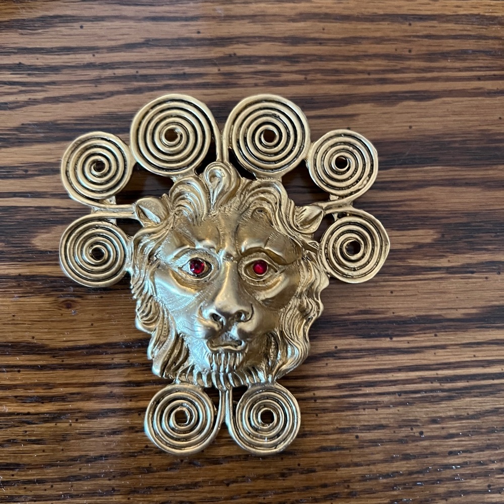 RARE Vintage Gold Lion Brooch with Red Accents